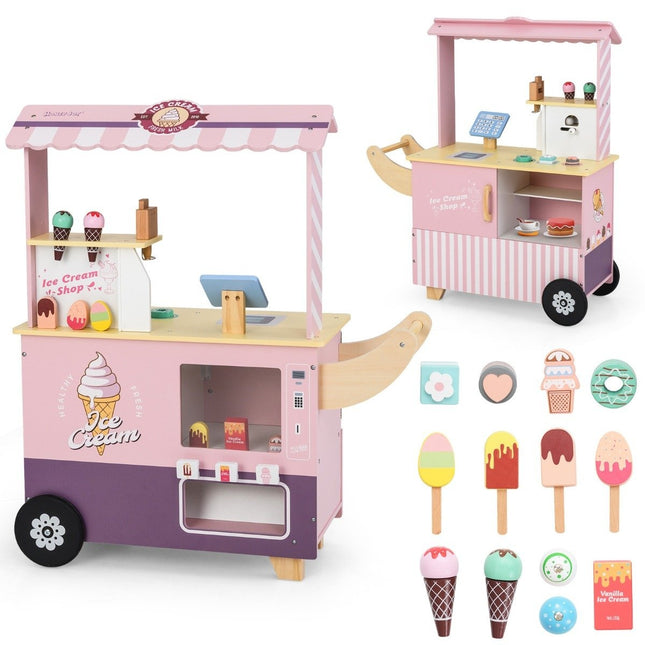 Eiswagen für Kinder mit Eisladen aus Holz mit Eismaschine rosa