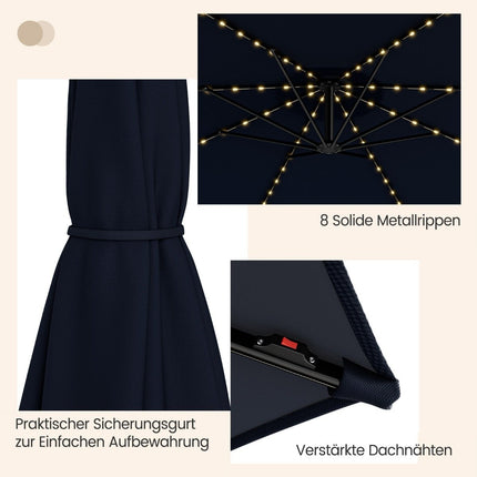 Beleuchteter Sonnenschirm mit 112 LED-Leuchten, solarbetrieben, Terrassenschirm, Marineblau