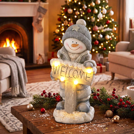 Illuminated Snowman Christmas Statue with Welcome Sign