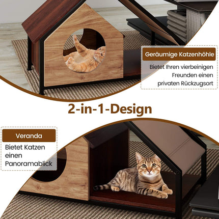 Katzenhaus für Drinnen mit Veranda, abnehmbarem Dach, Metallrahmen