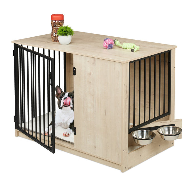 Hundebox für Innenräume, Holzoptik, 2 Näpfe, Größe M