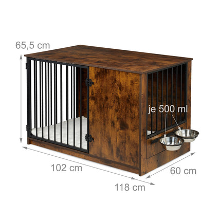 Indoor Dog Crate with Bowls – Wood Effect, Medium