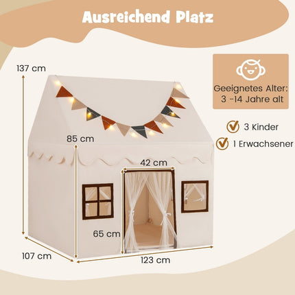 Indoor-Kinderspielzelt mit Matte und Lichtern, Beige, 123x107x137 cm