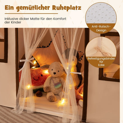 Indoor-Kinderspielzelt mit Matte und Lichtern, Beige, 123x107x137 cm