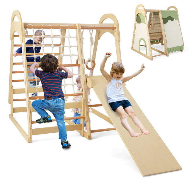 Indoor-Klettergerüst aus Holz für Kinder mit Rutsche und Zelt