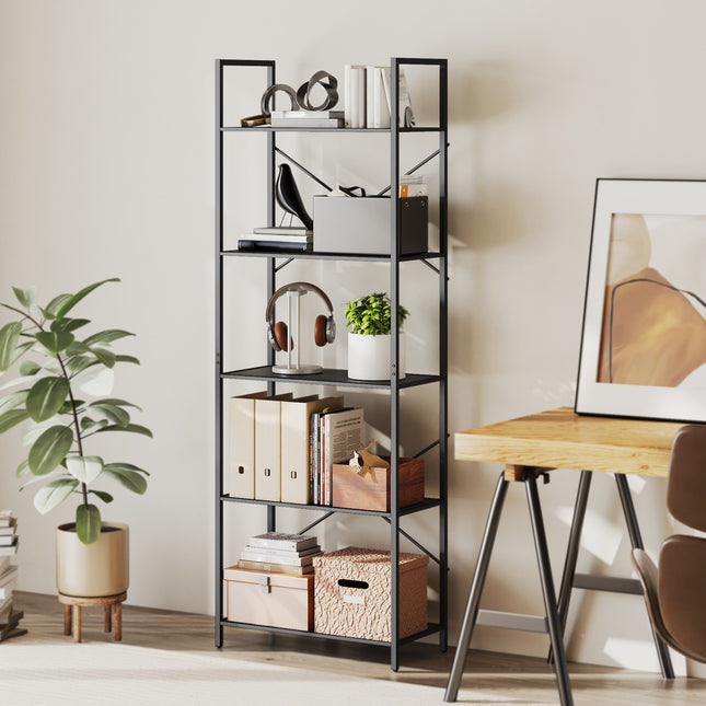 Industriële metalen boekenplank met 5 niveaus, 60x30x170,5 cm, zwart