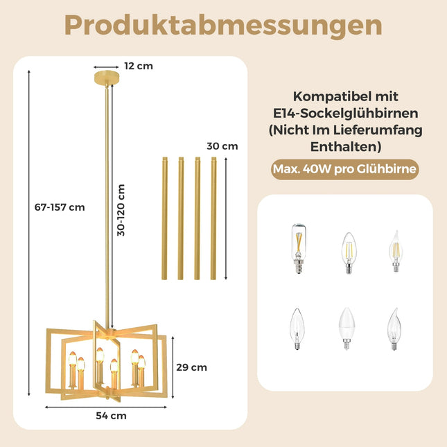 Industrieller 6-flammiger Kronleuchter, höhenverstellbar, Gold