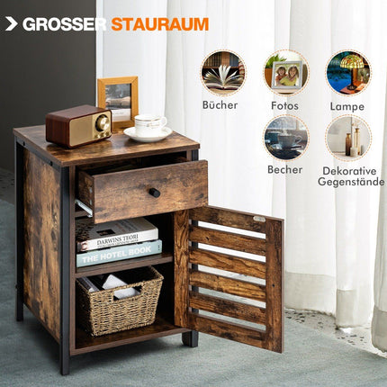 Industrial Adjustable Shelf Nightstand with Drawer