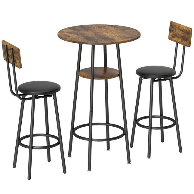 Bartisch-Set, 2 gepolsterte Hocker, Regal, Rustikales Braun