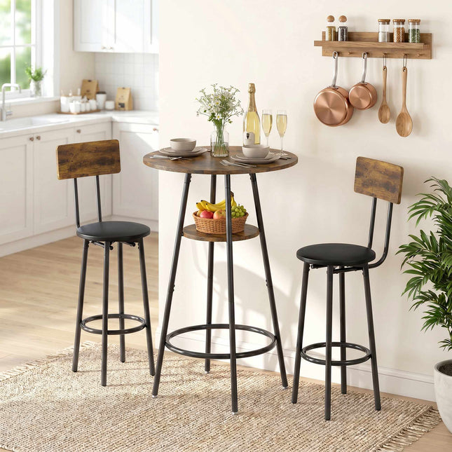 Bartisch-Set, 2 gepolsterte Hocker, Regal, Rustikales Braun