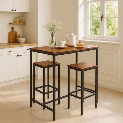 Industrial Bar Table Set with 2 Stools, Wood & Metal