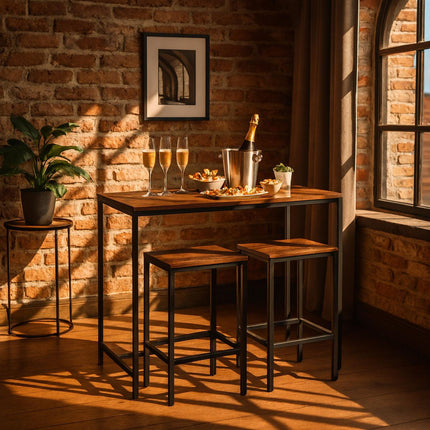 Industrial Bar Table Set with 2 Stools, Wood & Metal