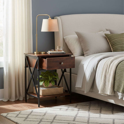 Industrial Bedside Table with Drawer and Shelf