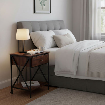 Industrial Bedside Table with Drawer and Shelf