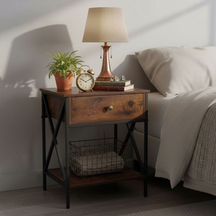Industrial Bedside Table with Drawer and Shelf