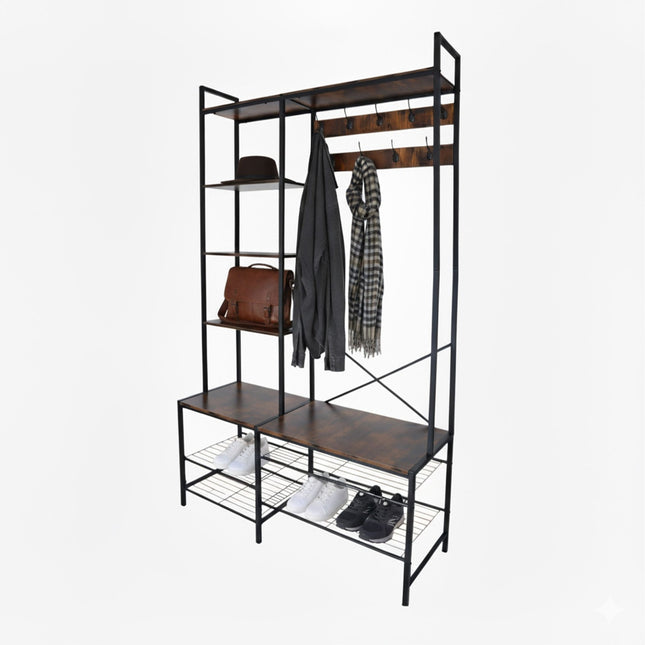 Industrial Coat Rack with Shoe Bench and Hat Shelf