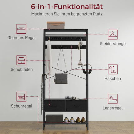 Garderobenständer mit Schuhablage, 2 Stoffschubladen, 8 Haken
