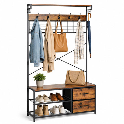 Industrial Coat Rack with Shoe Shelf and Drawers, Black