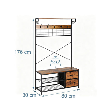 Industrial Coat Rack with Shoe Shelf and Drawers, Black