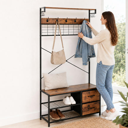 Industrial Coat Rack with Shoe Shelf and Drawers, Black