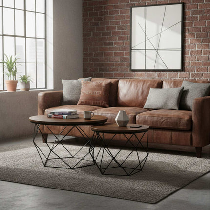 Industrial Coffee Table Set, Wood-Effect Top, Metal Frame