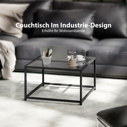 Couchtisch im Industrial-Design, gehärtetes Glas & Stahl, 68x68 cm