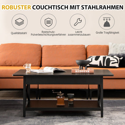 Industrial Coffee Table with Shelf, Black Metal Frame