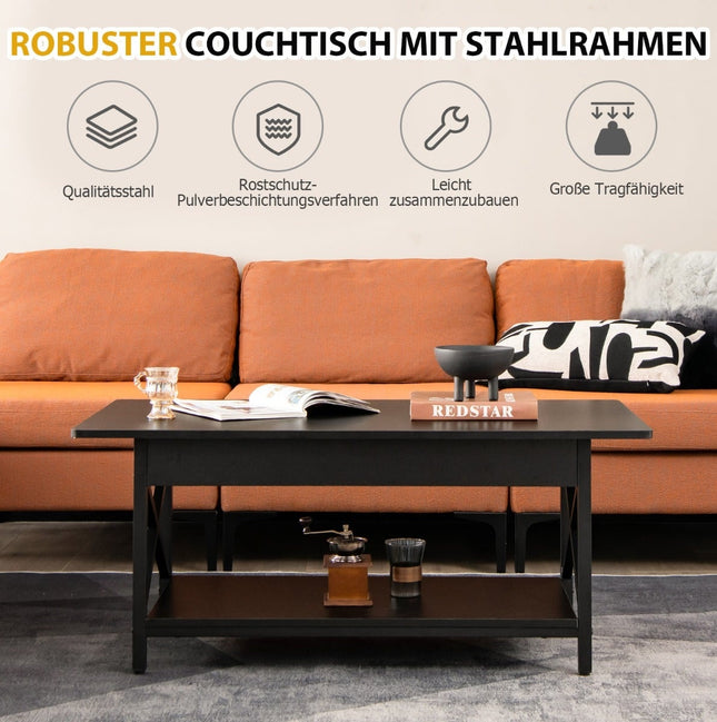 Industriële salontafel met plank, zwart metalen frame