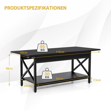 Industrial Coffee Table with Shelf, Black Metal Frame