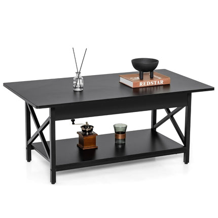 Industrial Coffee Table with Shelf, Black Metal Frame