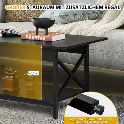 Industrial Coffee Table with Shelf, Black Metal Frame