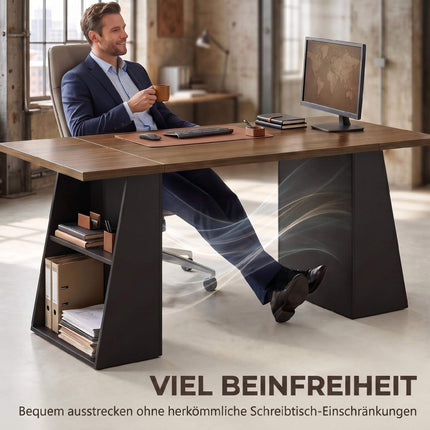 Industrieller Computertisch 140 cm, 4 offene Ablagen, Braun-Schwarz
