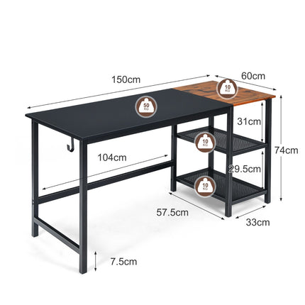 Industrie-Computertisch, 150 cm, 2-stufiges Regal, Haken