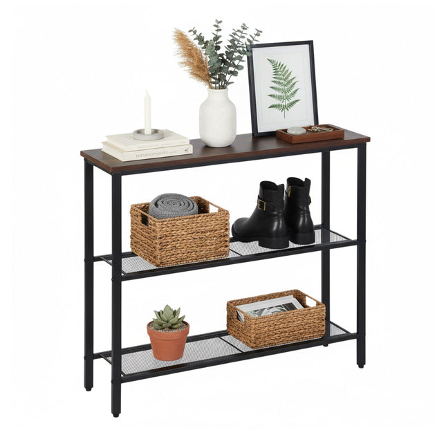 Industriële consoletafel met 3 houten planken.