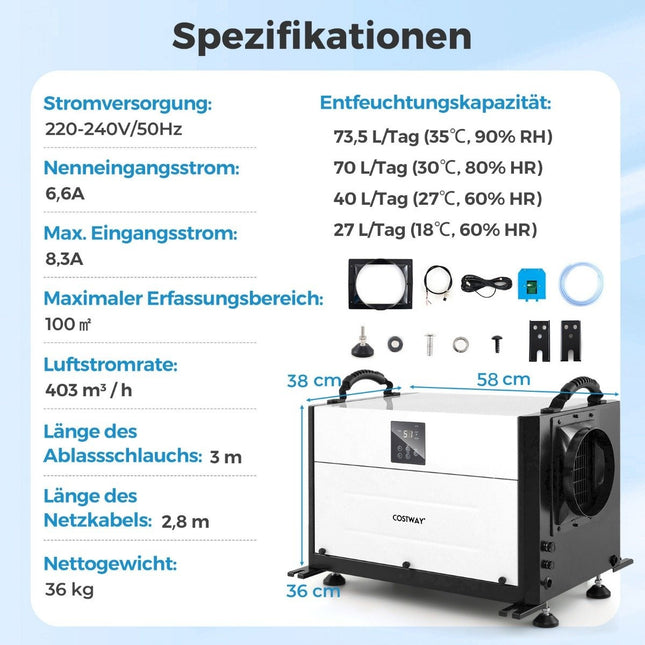 Industrie-Luftentfeuchter, 73,5 l/Tag, 3 Modi, 24-Stunden-Timer