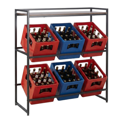 Industrial Drink Crate Rack, 2-Tier, Metal & MDF, Black/Brown