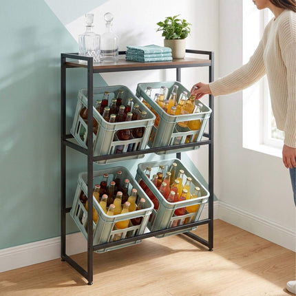 Industrial Drink Crate Rack, 2-Tier, Metal & MDF, Black/Brown