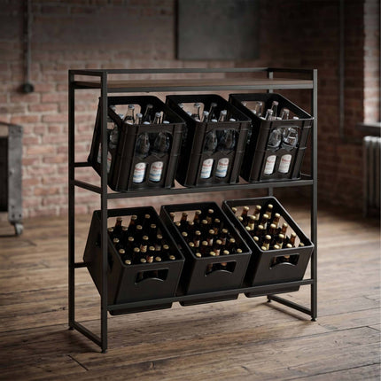Industrial Drink Crate Rack, 2-Tier, Metal & MDF, Black/Brown