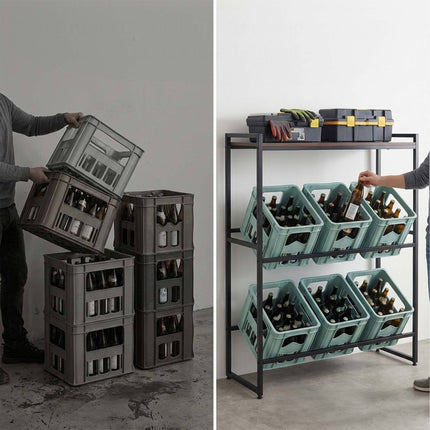 Industrial Drink Crate Rack, 2-Tier, Metal & MDF, Black/Brown