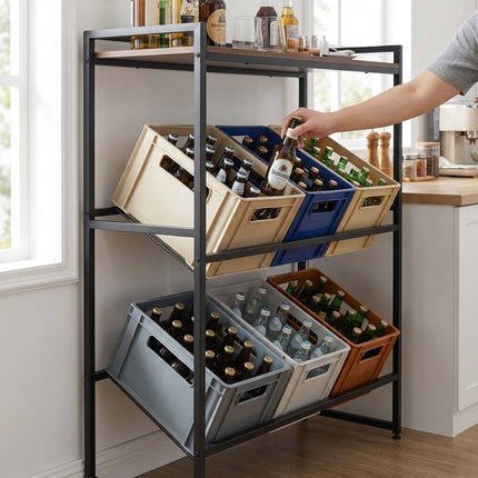 Industrial Drink Crate Rack, 2-Tier, Metal & MDF, Black/Brown