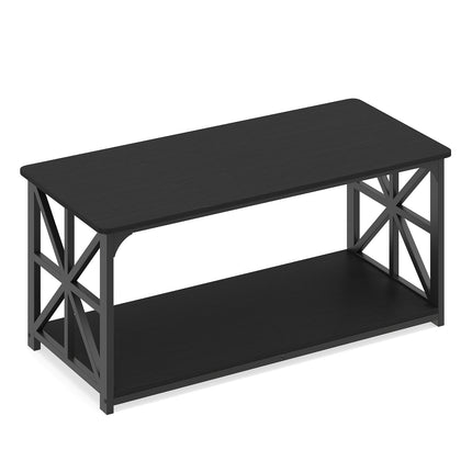 Industrial Farmhouse Coffee Table with Open Shelf, Black