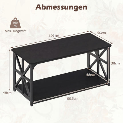 Industrial Farmhouse Coffee Table with Open Shelf, Black