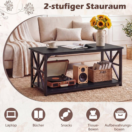 Industrial Farmhouse Coffee Table with Open Shelf, Black