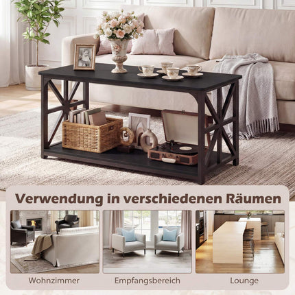 Industrial Farmhouse Coffee Table with Open Shelf, Black
