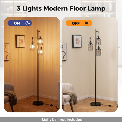 Industriální stojací lampa, 3 stínidla, nožní vypínač, černá, 169 cm