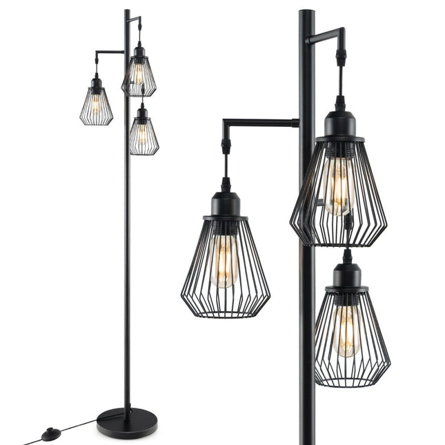 Industrielle Stehlampe mit 3 Käfigschirmen, 169 cm, Schwarz
