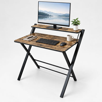 Industrial Folding Desk with Monitor Shelf, 2 Tiers, Brown, Black