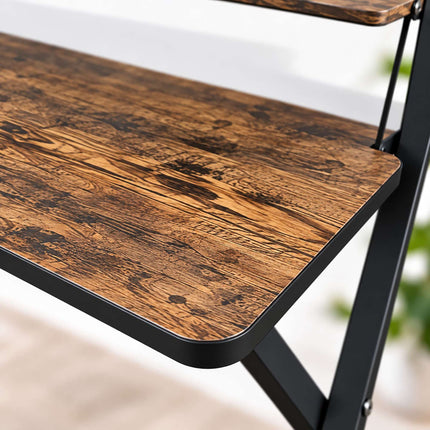 Industrial Folding Desk with Monitor Shelf, 2 Tiers, Brown, Black