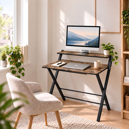 Industrial Folding Desk with Monitor Shelf, 2 Tiers, Brown, Black