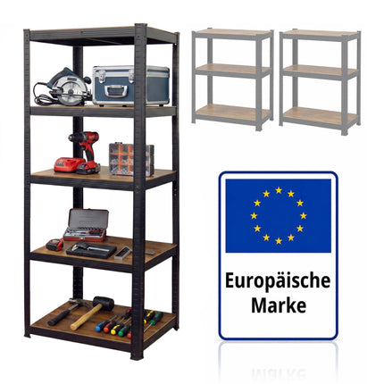 Industrial Heavy-Duty Shelf, 5 Wood-Effect Shelves, 100 kg per Shelf, Black